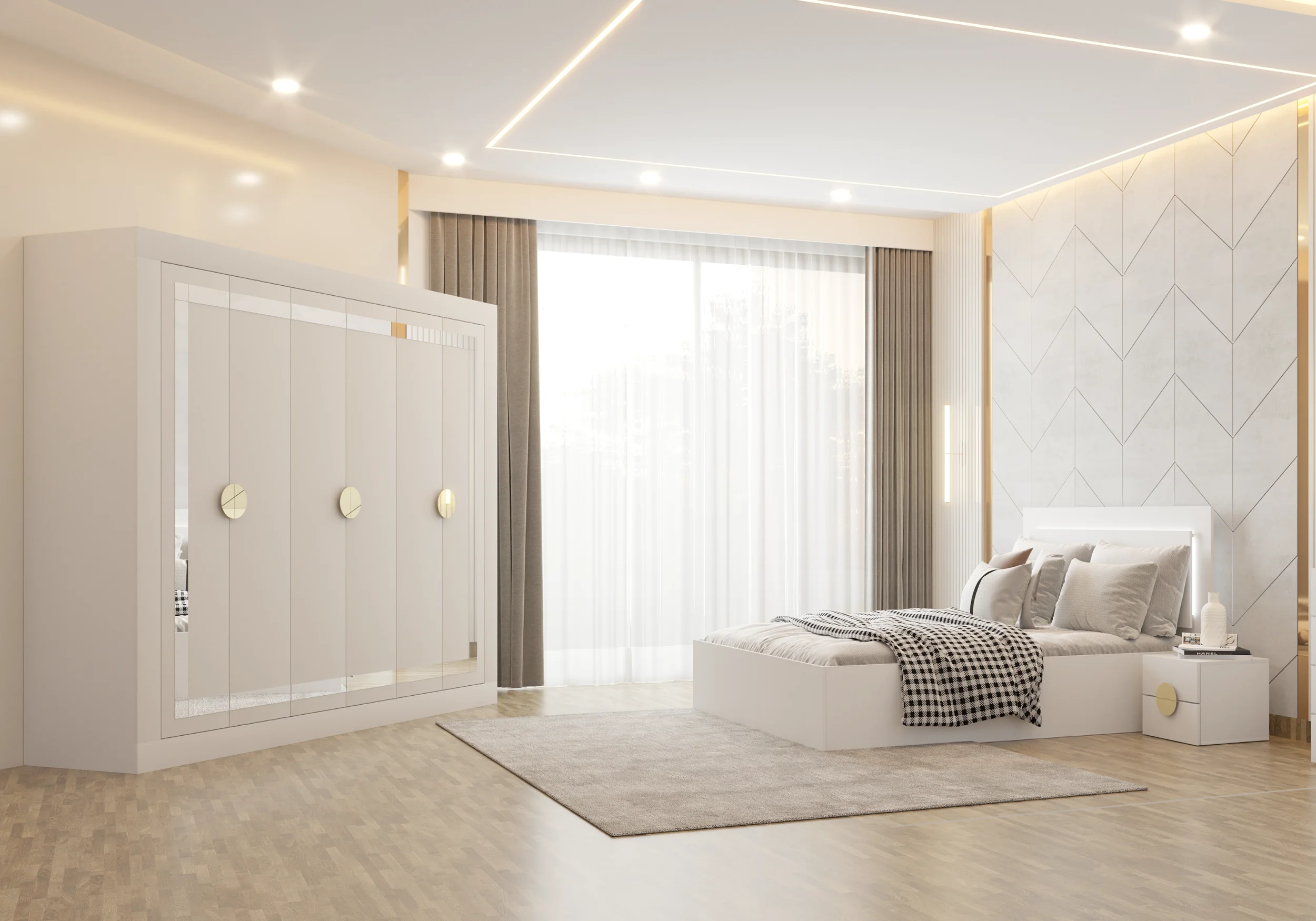 Dulap de dormitor alb cu oglinda și manere aurii